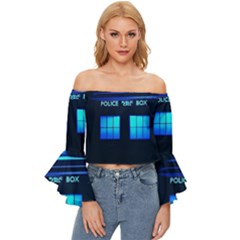 Blue Tardis Doctor Who Police Call Box Off Shoulder Flutter Bell Sleeve Top by Cendanart