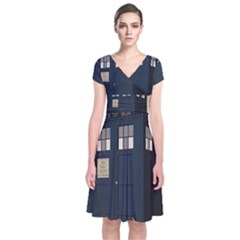 Tardis Doctor Who Minimal Minimalism Short Sleeve Front Wrap Dress by Cendanart