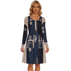 Tardis Doctor Who Minimal Minimalism Long Sleeve Dress With Pocket by Cendanart