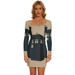 Tardis Doctor Who Minimal Minimalism Long Sleeve Square Neck Bodycon Velvet Dress by Cendanart