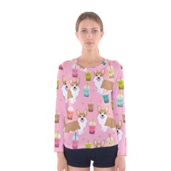 Corgi Bubble Boba Tea Pink Pattern Women s Long Sleeve T-shirt