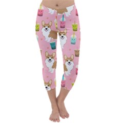 Corgi Bubble Boba Tea Pink Pattern Capri Winter Leggings  by Cendanart