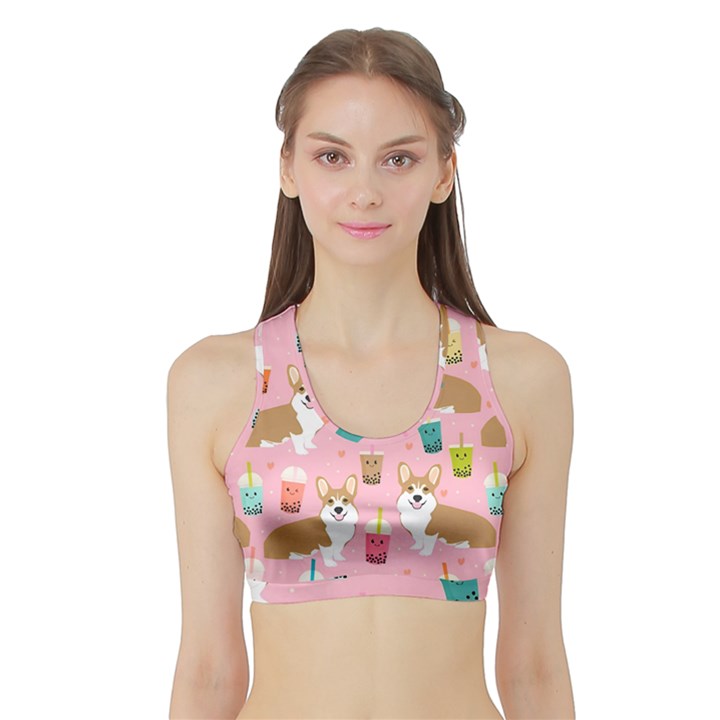 Corgi Bubble Boba Tea Pink Pattern Sports Bra with Border