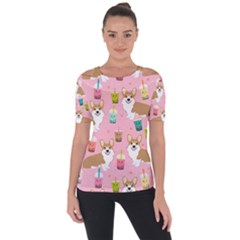 Corgi Bubble Boba Tea Pink Pattern Shoulder Cut Out Short Sleeve Top by Cendanart