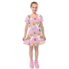 Corgi Bubble Boba Tea Pink Pattern Kids  Short Sleeve Velvet Dress by Cendanart