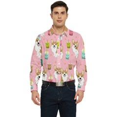 Corgi Bubble Boba Tea Pink Pattern Men s Long Sleeve  Shirt by Cendanart