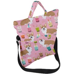 Corgi Bubble Boba Tea Pink Pattern Fold Over Handle Tote Bag by Cendanart