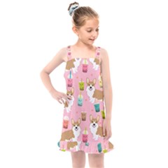 Corgi Bubble Boba Tea Pink Pattern Kids  Overall Dress by Cendanart