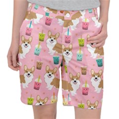 Corgi Bubble Boba Tea Pink Pattern Women s Pocket Shorts