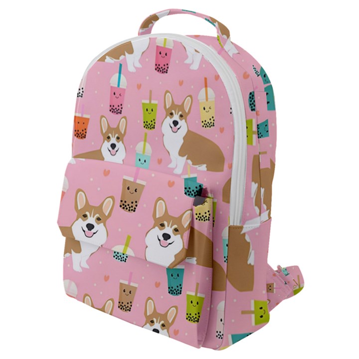 Corgi Bubble Boba Tea Pink Pattern Flap Pocket Backpack (Small)