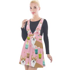 Corgi Bubble Boba Tea Pink Pattern Plunge Pinafore Velour Dress by Cendanart