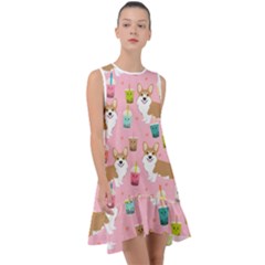 Corgi Bubble Boba Tea Pink Pattern Frill Swing Dress by Cendanart