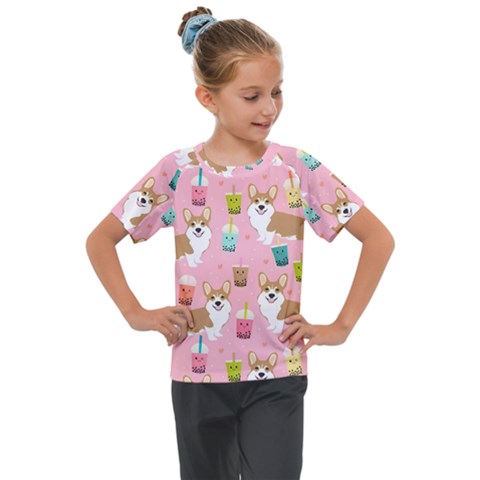 Corgi Bubble Boba Tea Pink Pattern Kids  Mesh Piece T-shirt by Cendanart