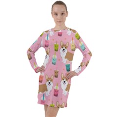 Corgi Bubble Boba Tea Pink Pattern Long Sleeve Hoodie Dress