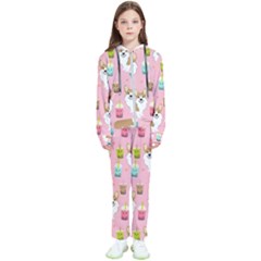 Corgi Bubble Boba Tea Pink Pattern Kids  Tracksuit