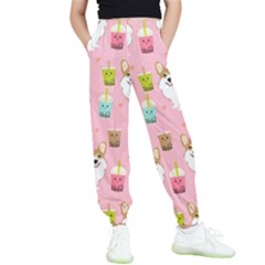 Corgi Bubble Boba Tea Pink Pattern Kids  Joggers by Cendanart