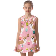 Corgi Bubble Boba Tea Pink Pattern Kids  Pilgrim Collar Ruffle Hem Dress by Cendanart