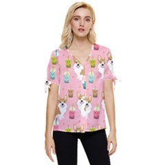 Corgi Bubble Boba Tea Pink Pattern Bow Sleeve Button Up Top