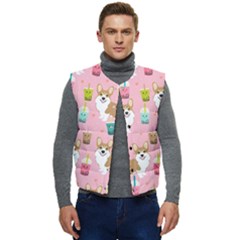 Corgi Bubble Boba Tea Pink Pattern Men s Button Up Puffer Vest	