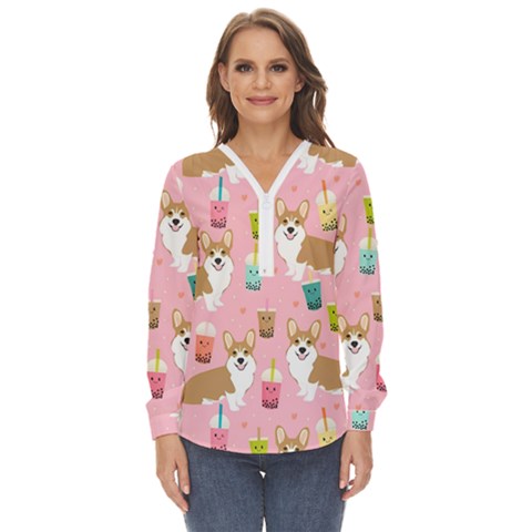 Corgi Bubble Boba Tea Pink Pattern Zip Up Long Sleeve Blouse by Cendanart