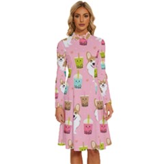 Corgi Bubble Boba Tea Pink Pattern Long Sleeve Shirt Collar A-line Dress by Cendanart