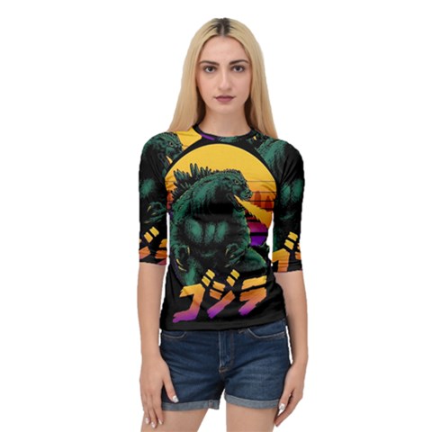 Godzilla Retrowave Quarter Sleeve Raglan T-shirt by Cendanart