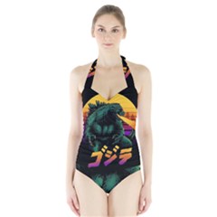 Godzilla Retrowave Halter Swimsuit by Cendanart