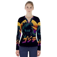 Godzilla Retrowave V-neck Long Sleeve Top by Cendanart