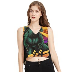 Godzilla Retrowave V-neck Cropped Tank Top by Cendanart