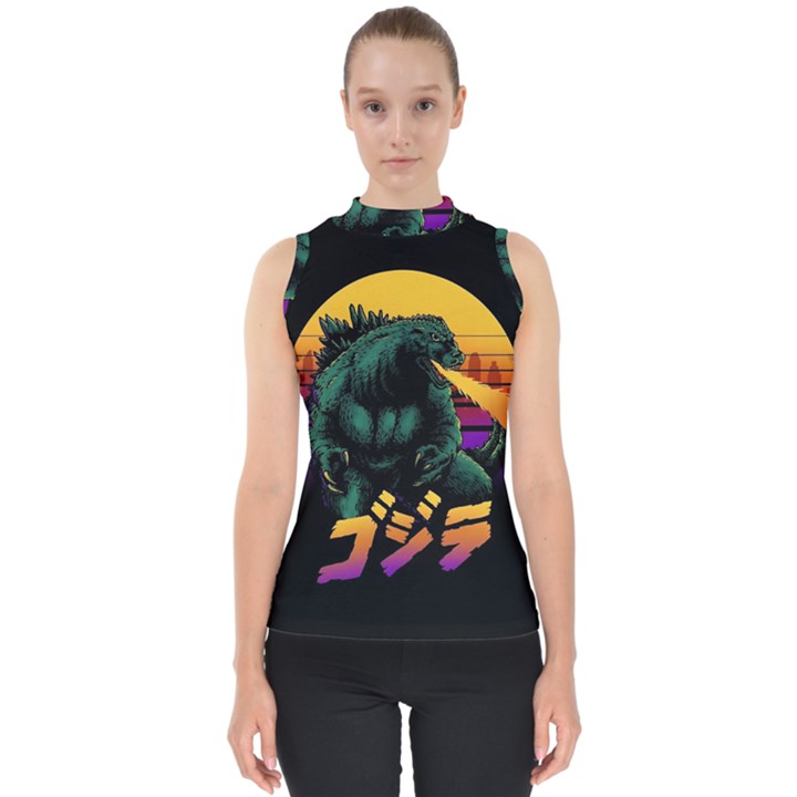 Godzilla Retrowave Mock Neck Shell Top