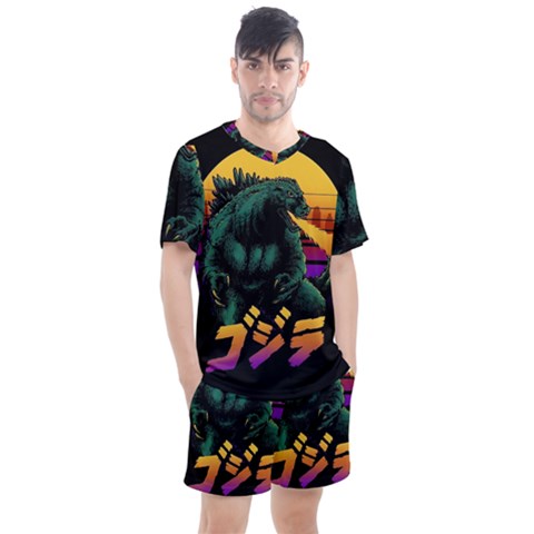 Godzilla Retrowave Men s Mesh T-shirt And Shorts Set by Cendanart