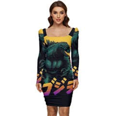 Godzilla Retrowave Women Long Sleeve Ruched Stretch Jersey Dress by Cendanart