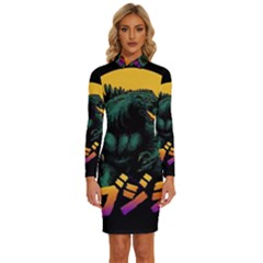 Godzilla Retrowave Long Sleeve Shirt Collar Bodycon Dress by Cendanart