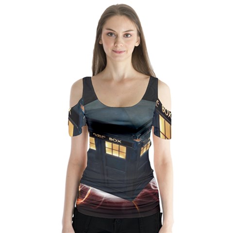 Tardis Bbc Doctor Who Dr Who Butterfly Sleeve Cutout T-shirt  by Cendanart