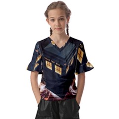 Tardis Bbc Doctor Who Dr Who Kids  V-neck Horn Sleeve Blouse by Cendanart