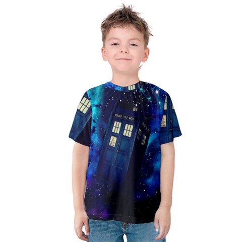 Tardis Doctor Who Space Galaxy Kids  Cotton T-shirt by Cendanart