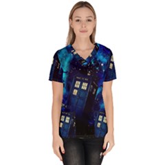 Tardis Doctor Who Space Galaxy Women s V-neck Scrub Top by Cendanart