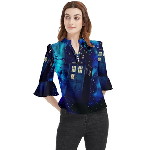 Tardis Doctor Who Space Galaxy Loose Horn Sleeve Chiffon Blouse by Cendanart