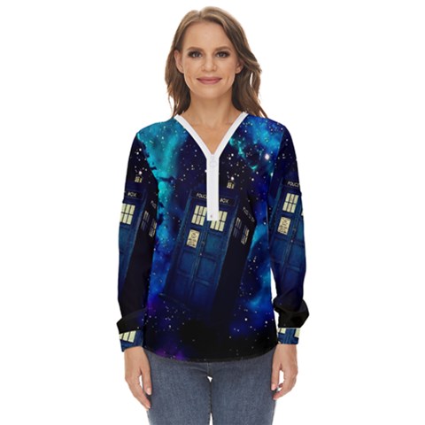 Tardis Doctor Who Space Galaxy Zip Up Long Sleeve Blouse by Cendanart