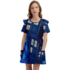 Tardis Doctor Who Space Galaxy Kids  Frilly Sleeves Pocket Dress by Cendanart