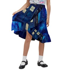 Tardis Doctor Who Space Galaxy Kids  Ruffle Flared Wrap Midi Skirt by Cendanart