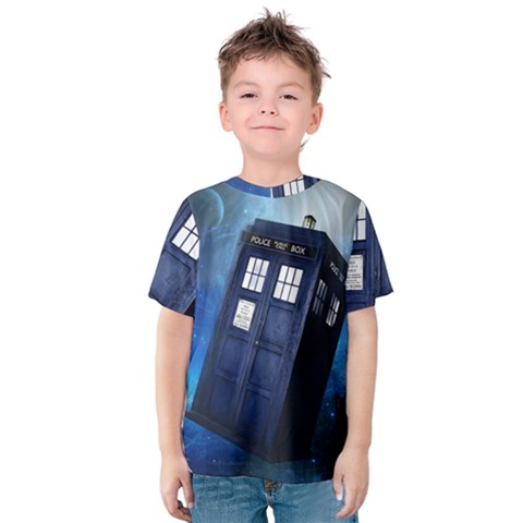 Tardis Doctor Who Space Blue Kids  Cotton T-shirt by Cendanart