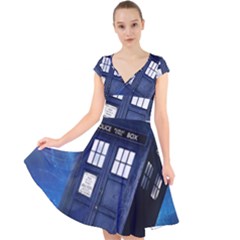 Tardis Doctor Who Space Blue Cap Sleeve Front Wrap Midi Dress by Cendanart