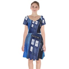 Tardis Doctor Who Space Blue Short Sleeve Bardot Dress by Cendanart