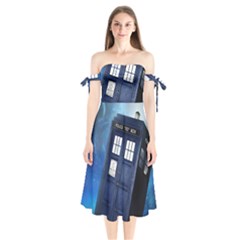 Tardis Doctor Who Space Blue Shoulder Tie Bardot Midi Dress by Cendanart