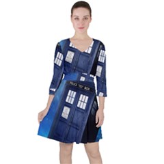 Tardis Doctor Who Space Blue Quarter Sleeve Ruffle Waist Dress by Cendanart