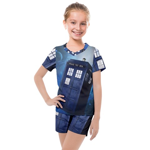 Tardis Doctor Who Space Blue Kids  Mesh T-shirt And Shorts Set by Cendanart