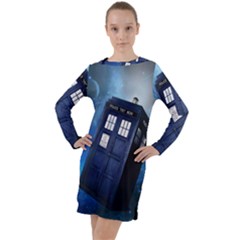 Tardis Doctor Who Space Blue Long Sleeve Hoodie Dress by Cendanart