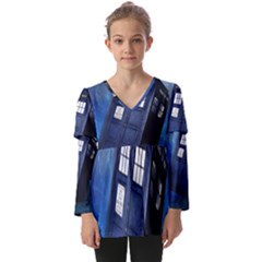 Tardis Doctor Who Space Blue Kids  V Neck Casual Top by Cendanart