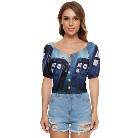 Tardis Doctor Who Space Blue Button Up Blouse by Cendanart